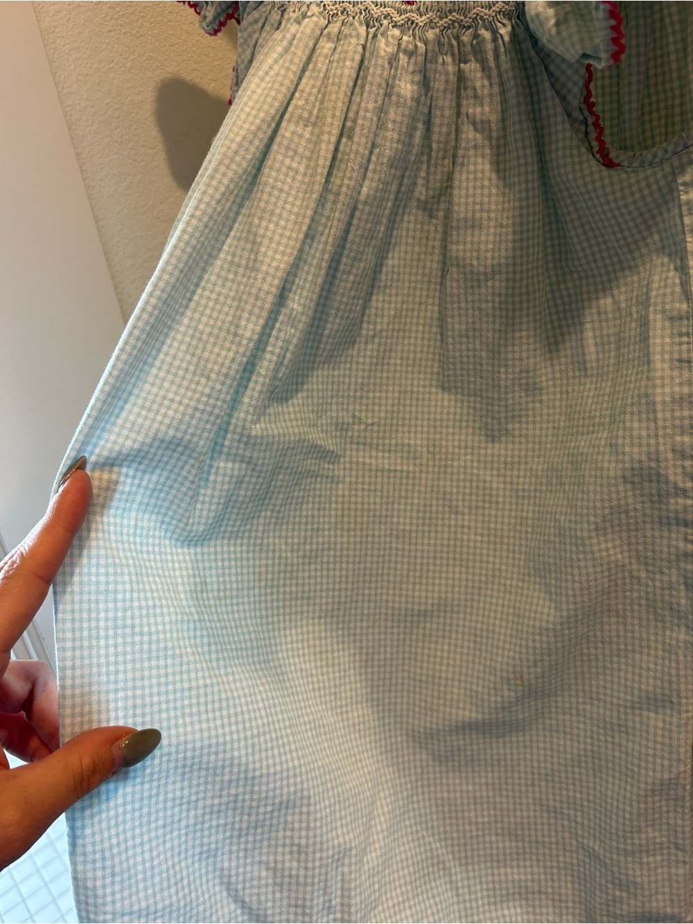 Petit Bebe Smocked Bishop Dress - Light Blue & White Gingham with Strawberries - Picture 6 of 9